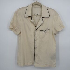 Tombolo Sz XS Unisex 100% Linen Cream Short Sleeve Button Up Top Contrast Piping